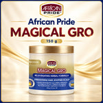 A jar of African Pride Magical Gro Rejuvenating Herbal Formula, 150 g, displayed on a gold and cream satin background with promotional text.