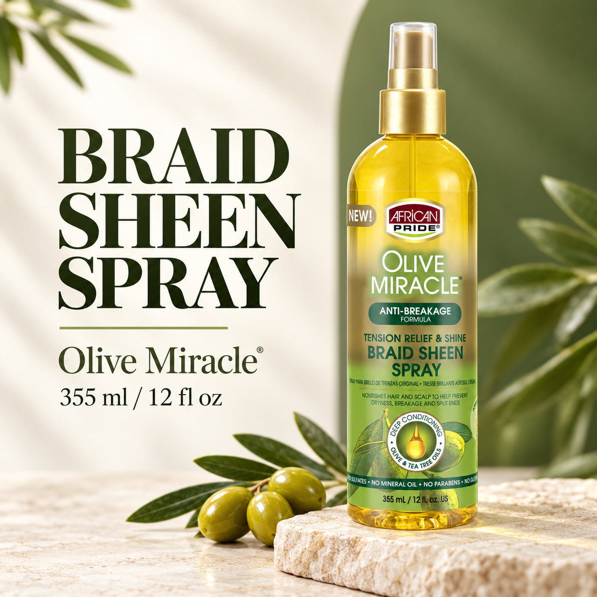 A bottle of African Pride Olive Miracle Braid Sheen Spray stands on a stone slab with olives and green leaves in the background. Large text on the left reads 'BRAID SHEEN SPRAY' with the product name and volume shown below.