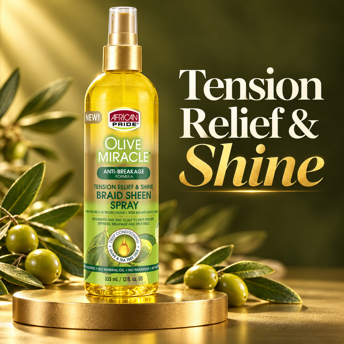 A bottle of African Pride Olive Miracle Tension Relief & Shine Braid Sheen Spray stands on a gold pedestal with olive branches around it against a dark olive-green background. Large text on the right reads 'Tension Relief & Shine'.