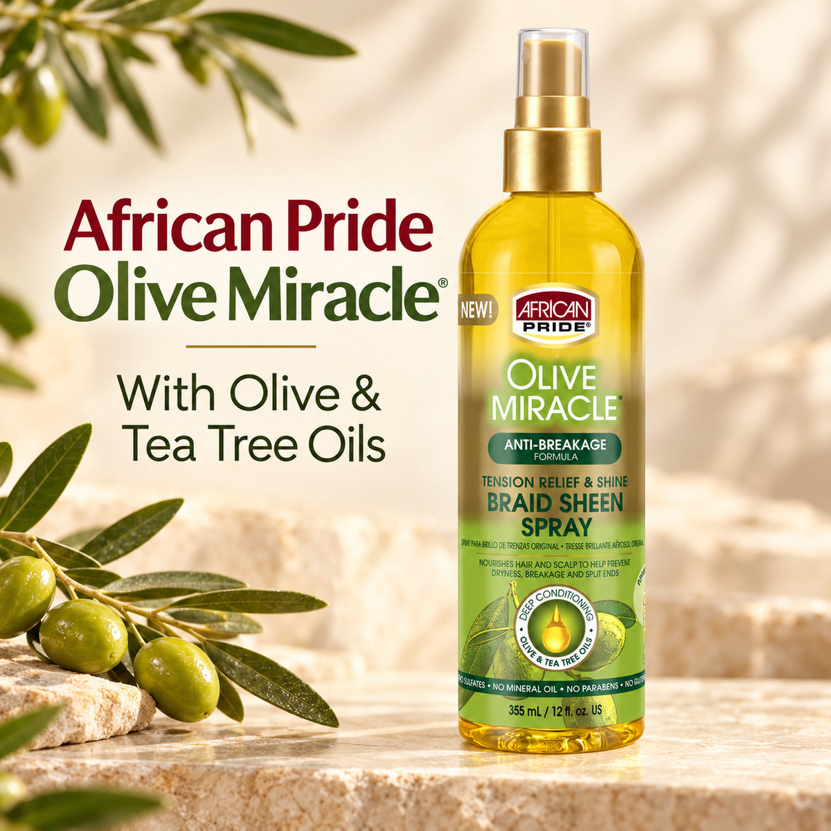 A bottle of African Pride Olive Miracle Anti-Breakage Braid Sheen Spray stands on a stone surface with olive branches and olives around it. The bottle is filled with golden-yellow liquid and has a gold spray top.