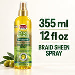 A bottle of African Pride Olive Miracle Anti-Breakage Formula Braid Sheen Spray stands on a white surface with olives and green leaves at its base. Large dark green text on the right reads '355 ml 12 fl oz BRAID SHEEN SPRAY'.