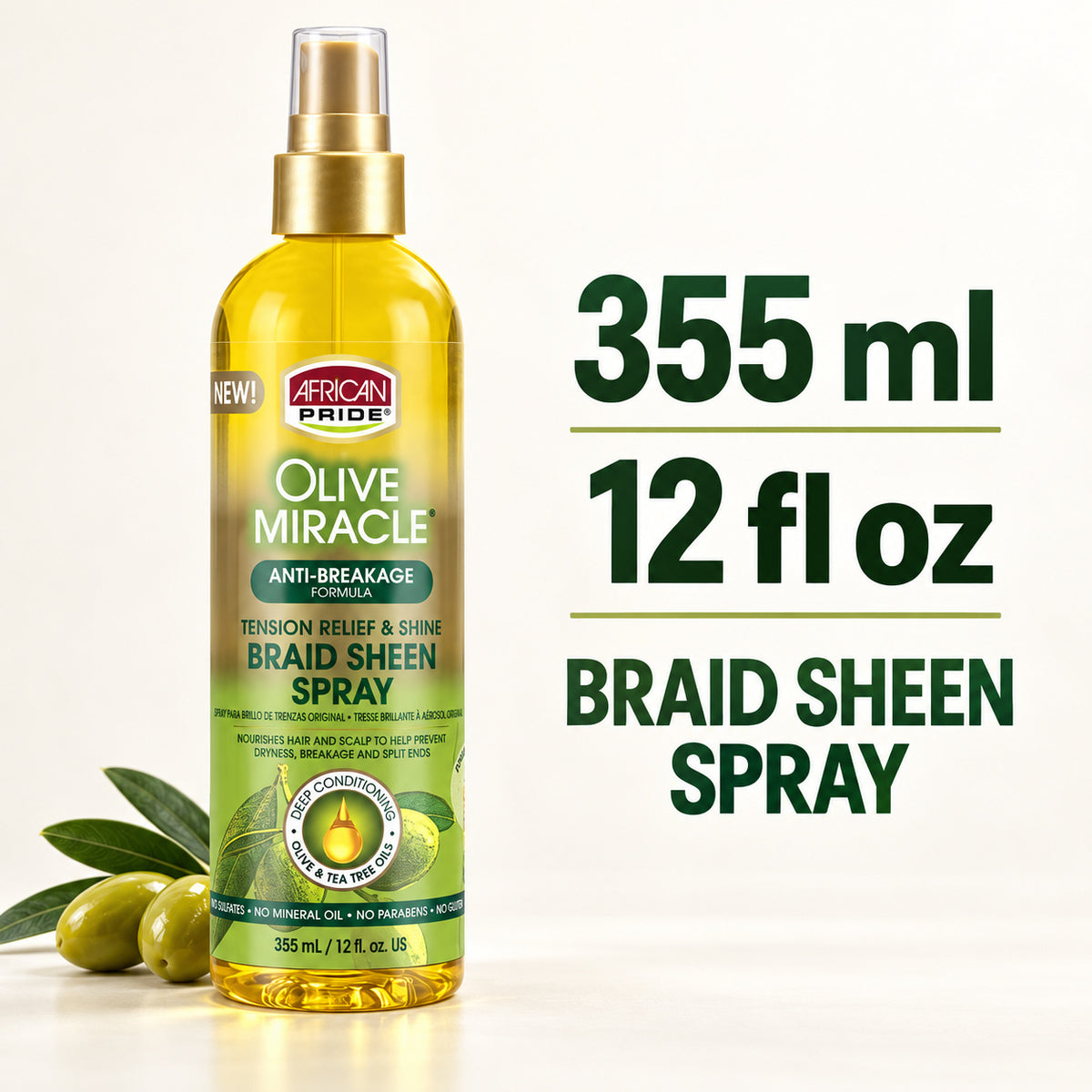 A bottle of African Pride Olive Miracle Anti-Breakage Formula Braid Sheen Spray stands on a white surface with olives and green leaves at its base. Large dark green text on the right reads '355 ml 12 fl oz BRAID SHEEN SPRAY'.