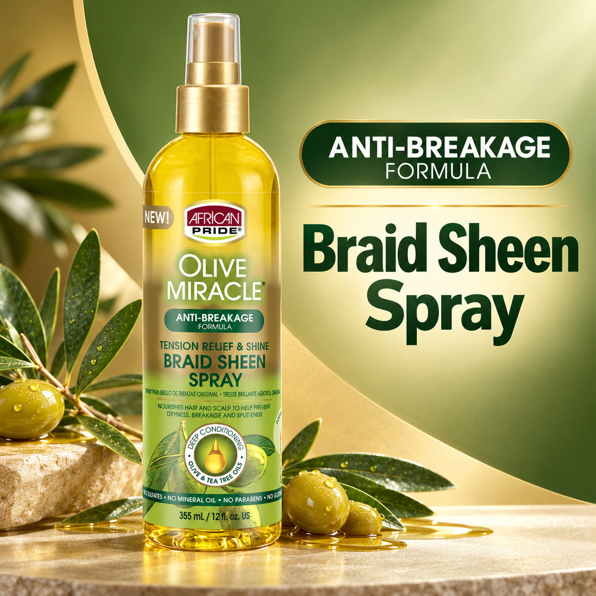 A bottle of African Pride Olive Miracle Braid Sheen Spray stands on a stone surface with olive branches and oil around it. The bottle is yellow with a gold spray top and a green-to-yellow label.