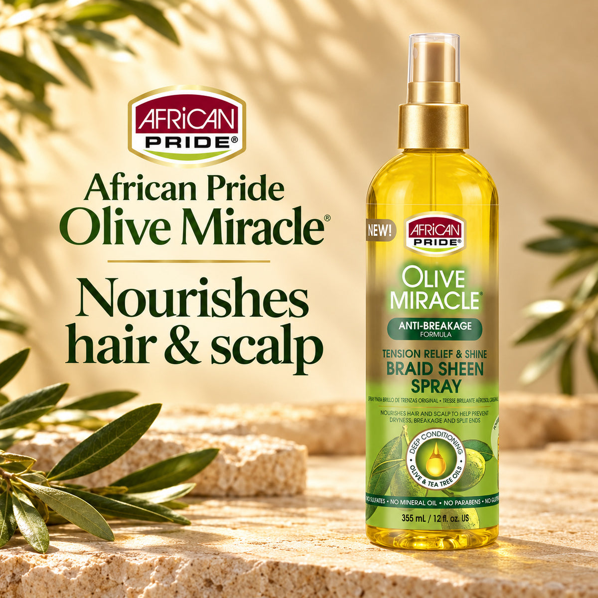 A bottle of African Pride Olive Miracle Braid Sheen Spray stands on a stone surface with olive leaves and warm sunlight in the background. Large product text appears on the left side of the image.