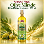 A bottle of African Pride Olive Miracle Braid Sheen Spray centered against a golden olive-themed background with olives, leaves, and flowing gold liquid. Large product text at the top reads 'African Pride Olive Miracle Braid Sheen Spray • 355 ml'.