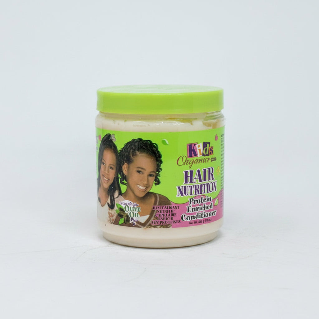 Jar of Kids Organics Hair Nutrition Protein Enriched Conditioner with green lid and label.