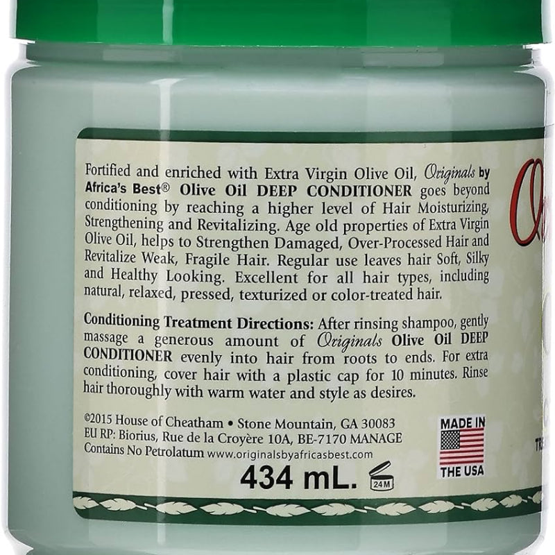 Back label of a jar of Africa's Best Olive Oil Deep Conditioner with green lid.