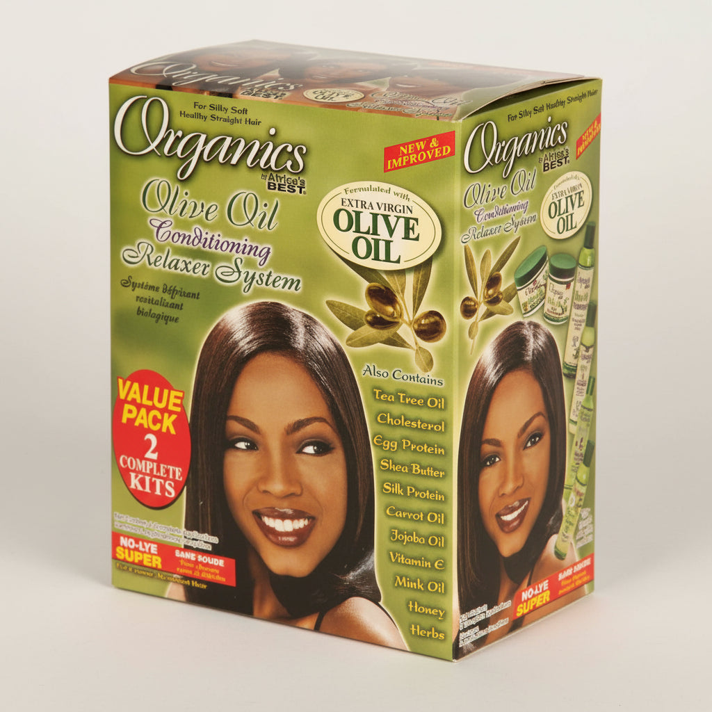 Box of Organics Best Olive Oil Conditioning Relaxer System with a woman's face on the packaging.