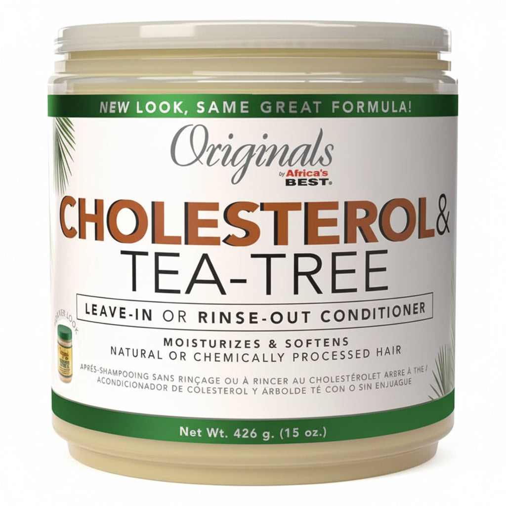 Jar of 'Originals Africa's Best' cholesterol and tea tree conditioner on a white background