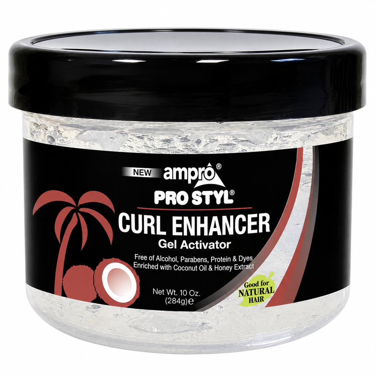 A 10 oz plastic jar of ampro Pro Styl Curl Enhancer Gel Activator with a black lid and black label featuring red palm tree graphics.