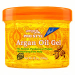 A 10 oz jar of ampro PRO STYL Argan Oil Gel with an orange lid and a yellow-orange label featuring argan nut graphics, on a white background.