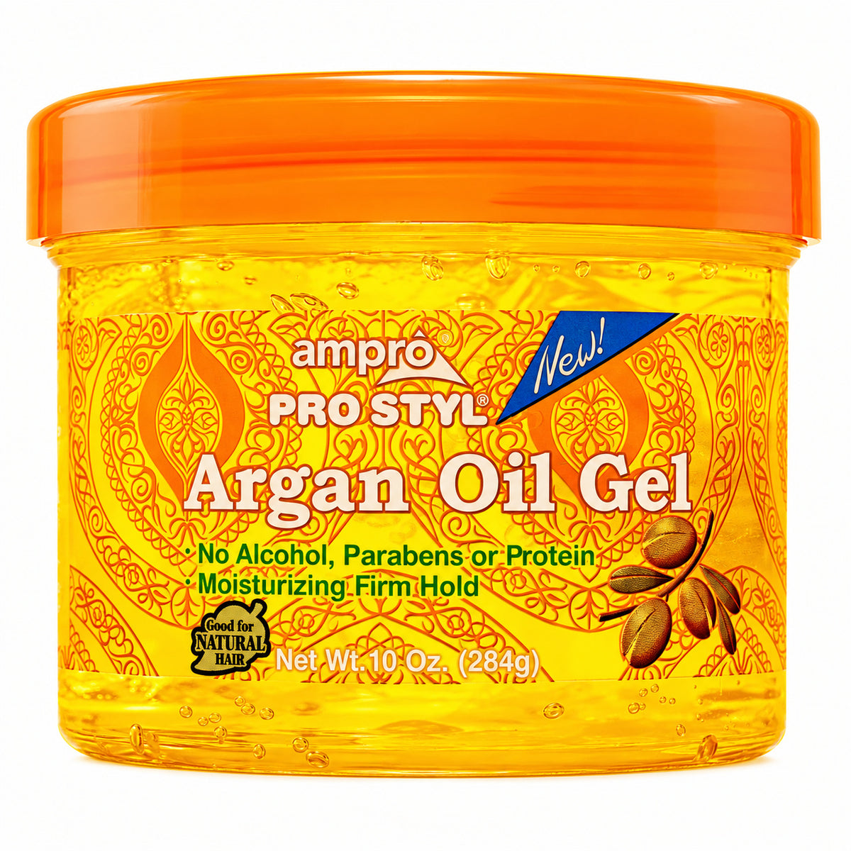 A 10 oz jar of ampro PRO STYL Argan Oil Gel with an orange lid and a yellow-orange label featuring argan nut graphics, on a white background.