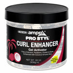 Ampro Pro Styl Curl Enhancer Gel Activator in a 32 oz clear plastic jar with a black lid and black label featuring coconut and palm graphics.