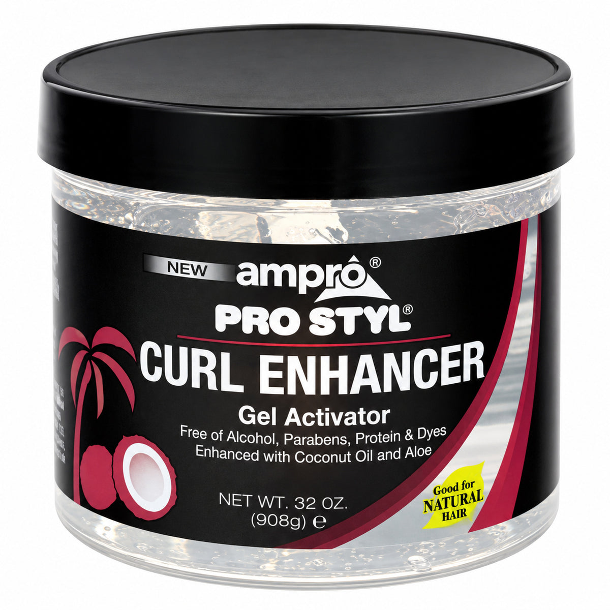 Ampro Pro Styl Curl Enhancer Gel Activator in a 32 oz clear plastic jar with a black lid and black label featuring coconut and palm graphics.