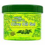 A 10 oz jar of ampro Pro Styl Olive Oil Gel with a dark green lid and a bright green label decorated with olive leaf patterns and olives.