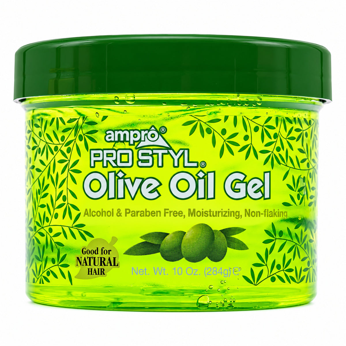A 10 oz jar of ampro Pro Styl Olive Oil Gel with a dark green lid and a bright green label decorated with olive leaf patterns and olives.