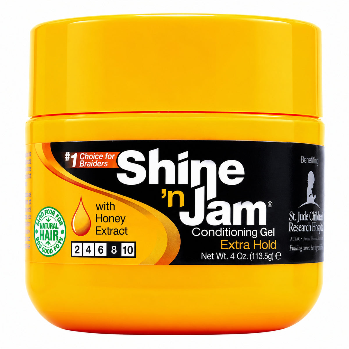 A bright yellow jar of Shine 'n Jam Conditioning Gel Extra Hold with a black label, shown on a plain white background.