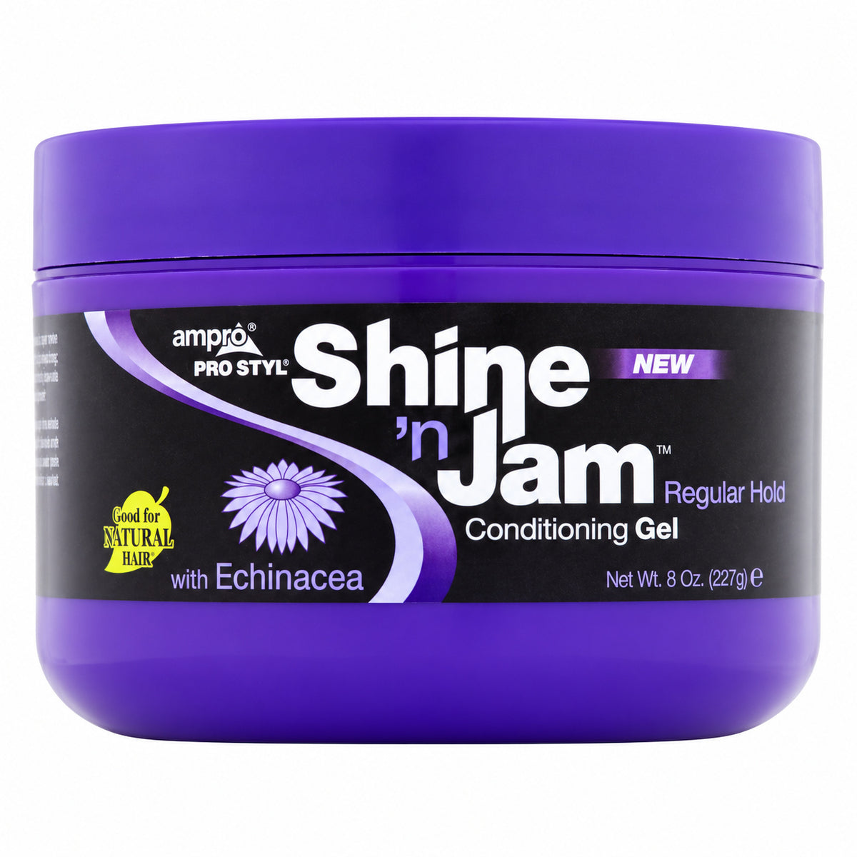 A purple plastic jar of Amp's Shine 'n Jam Regular Hold Conditioning Gel with a black label, shown on a plain white background.