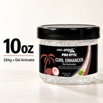A 10 oz jar of ampó Pro Styl Curl Enhancer Gel Activator, featuring a black lid and a black label with coconut graphics, shown on a clean white background with text overlay indicating the weight and product type.