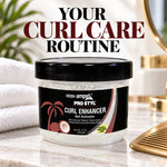 A jar of ampro Pro Styl Curl Enhancer Gel Activator sits on a marble countertop with a towel, gold hair tool, and bathroom decor in the background. Large text at the top reads 'YOUR CURL CARE ROUTINE'.