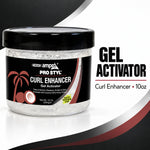 A 10 oz jar of ampro Pro Styl Curl Enhancer Gel Activator with a black lid and black label, shown on a white background with black and red graphic accents and text.
