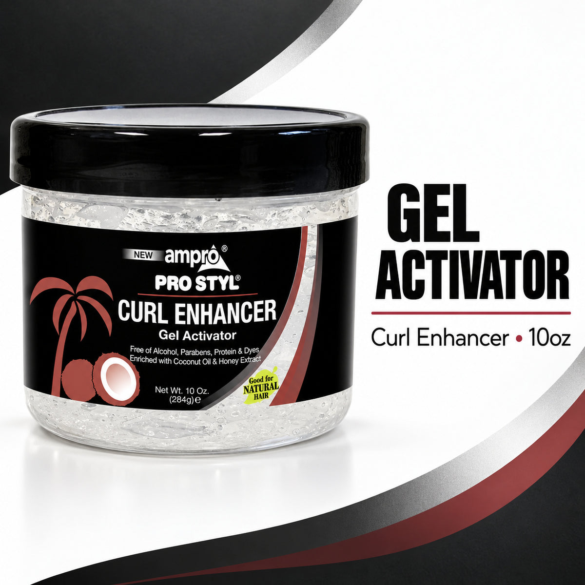 A 10 oz jar of ampro Pro Styl Curl Enhancer Gel Activator with a black lid and black label, shown on a white background with black and red graphic accents and text.