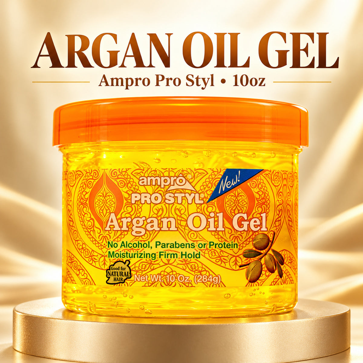 Ampro Pro Styl Argan Oil Gel in a clear plastic jar with an orange lid, displayed on a gold pedestal against a warm beige background with the product name text above.
