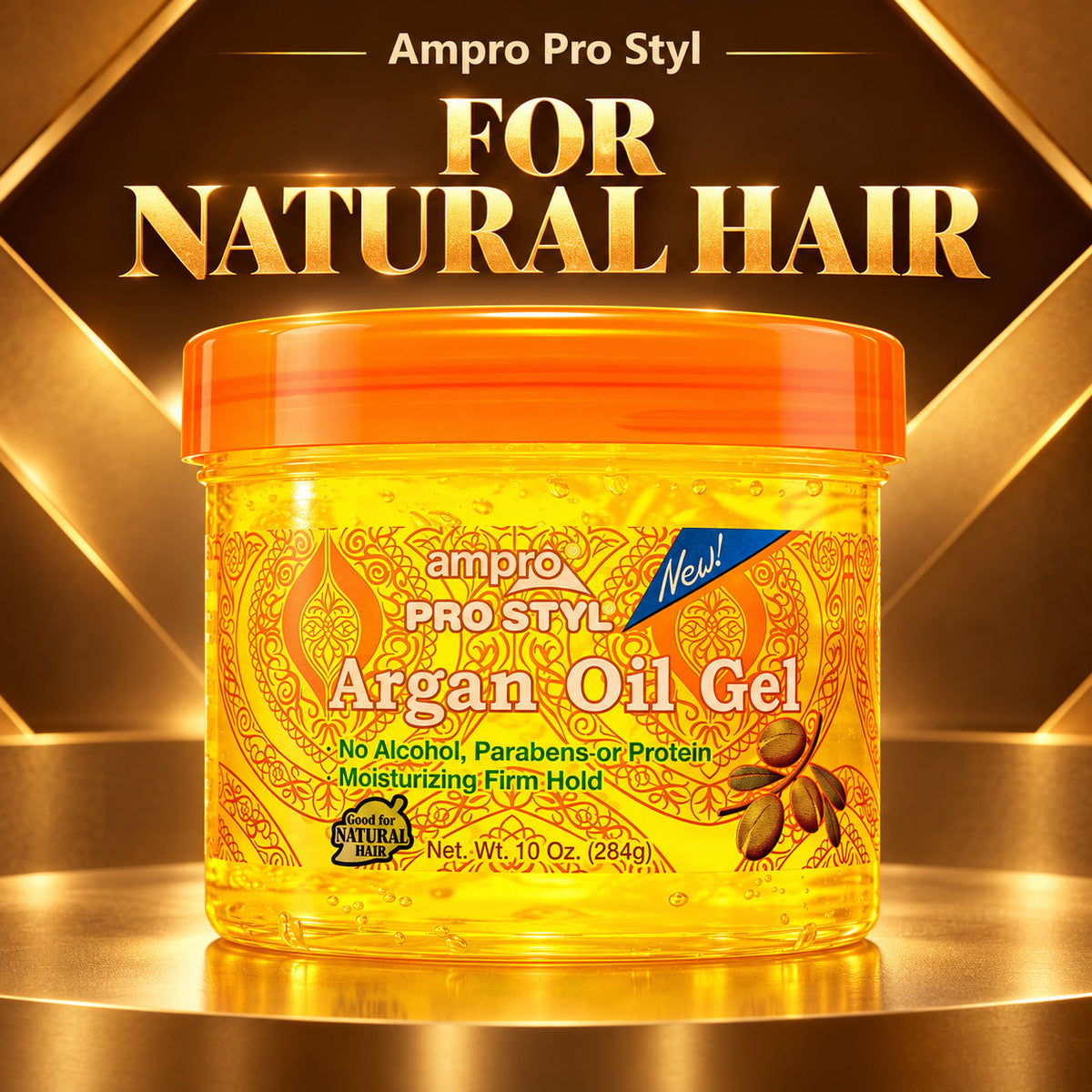 A jar of Ampro Pro Styl Argan Oil Gel with an orange lid and golden-yellow gel inside, set against a luxurious gold and black background with the text 'FOR NATURAL HAIR'.