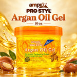 A jar of ampro PRO STYL Argan Oil Gel centered on a golden background with argan nuts and liquid splash graphics. The product jar is yellow with an orange lid, and the brand name 'ampro PRO STYL' is prominently displayed above.
