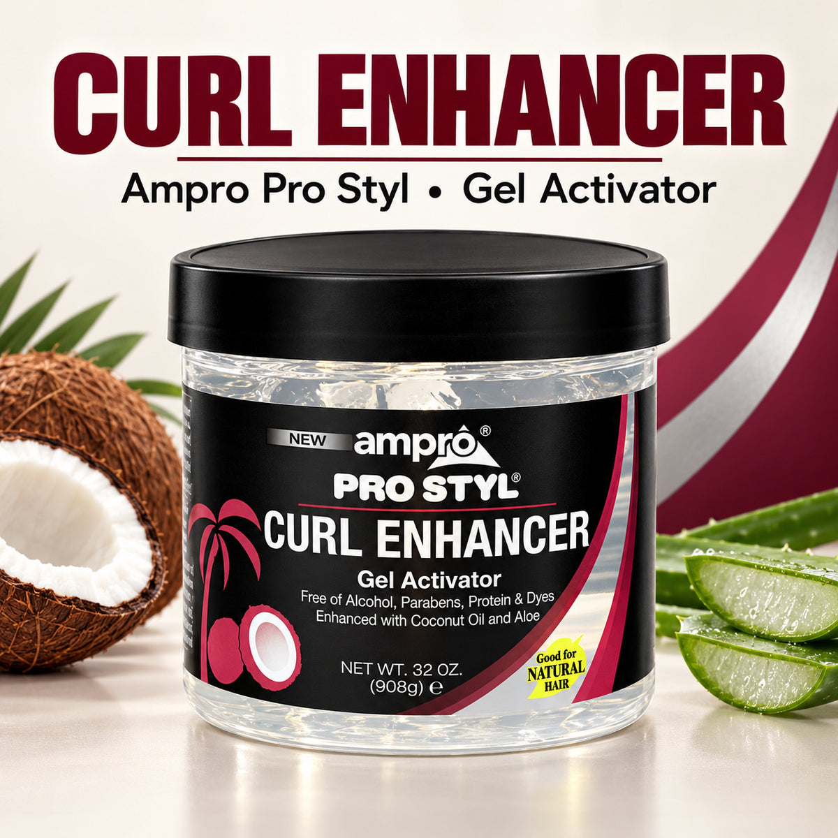 Ampro Pro Styl Curl Enhancer Gel Activator in a clear plastic jar with a black lid and black label, shown with coconut and aloe vera props and large product text at the top.