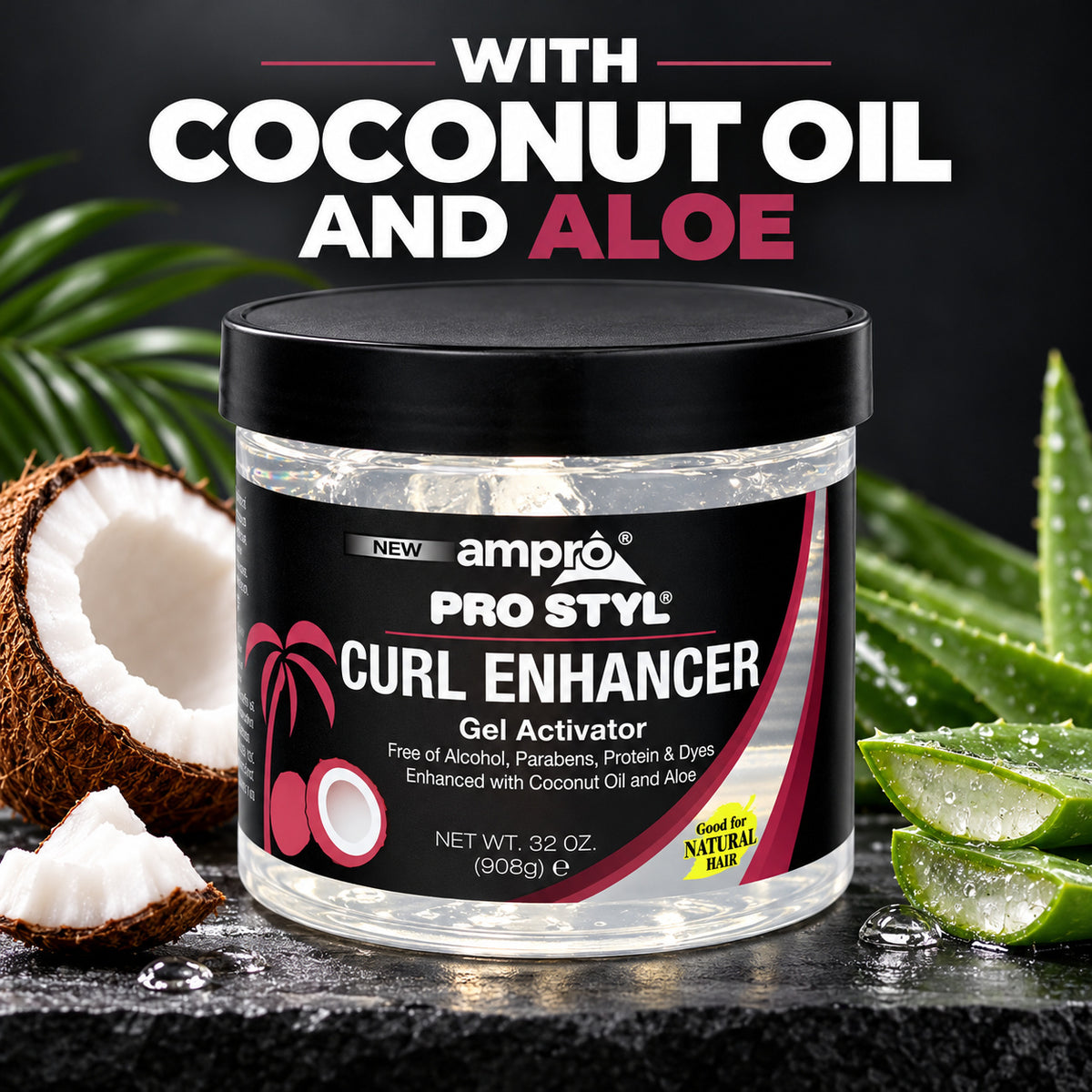 A jar of ampro Pro Styl Curl Enhancer Gel Activator with coconut oil and aloe, shown on a dark textured surface with a half coconut, aloe slices, and green leaves in the background. Large text at the top reads 'WITH COCONUT OIL AND ALOE'.