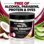 A jar of ampro Pro Styl Curl Enhancer Gel Activator centered on a promotional graphic background with coconut, aloe vera, and large text reading 'FREE OF ALCOHOL, PARABENS, PROTEIN & DYES'.