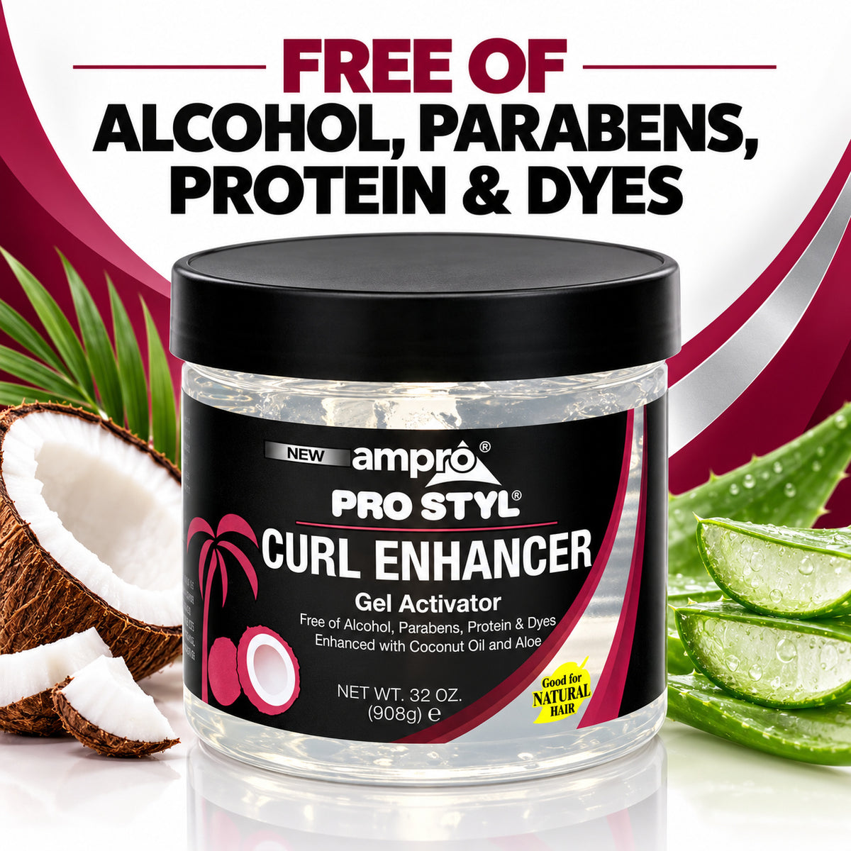 A jar of ampro Pro Styl Curl Enhancer Gel Activator centered on a promotional graphic background with coconut, aloe vera, and large text reading 'FREE OF ALCOHOL, PARABENS, PROTEIN & DYES'.