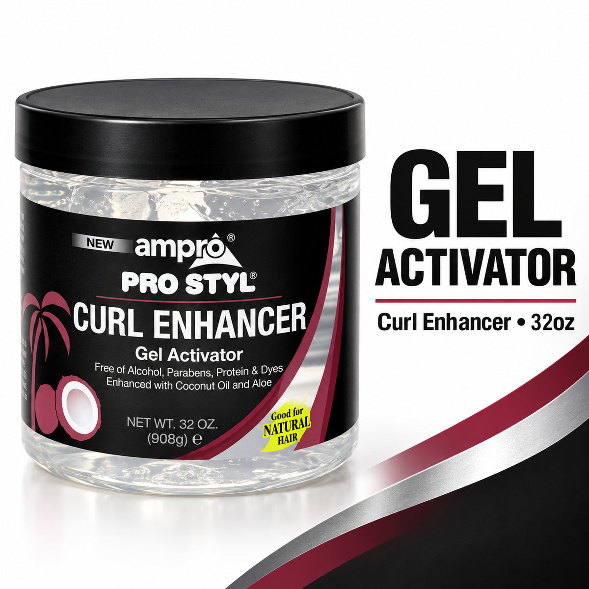 A 32 oz jar of amó Pro Styl Curl Enhancer Gel Activator with a black lid and black label, shown next to text reading 'GEL ACTIVATOR' on a white background with a black and silver graphic accent.