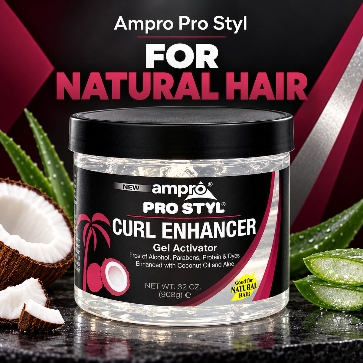 A jar of Ampro Pro Styl Curl Enhancer Gel Activator for natural hair, displayed on a dark reflective surface with coconut, aloe vera, and a bold black and magenta graphic background.