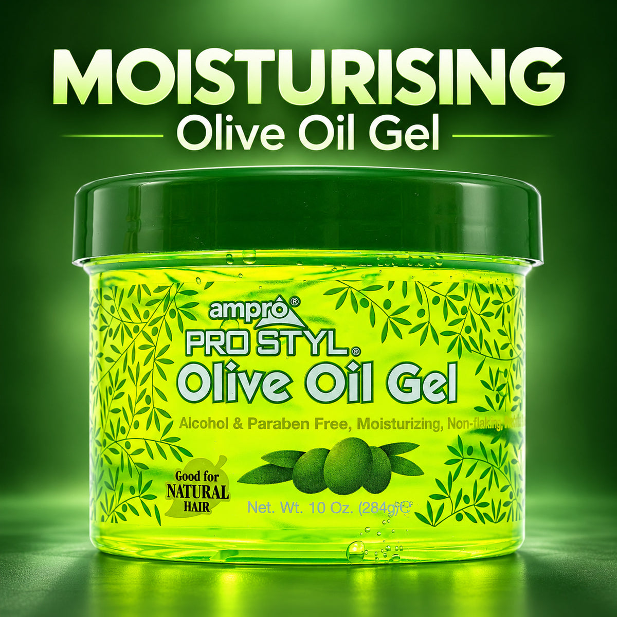 A jar of ampro Pro Styl Olive Oil Gel with a dark green lid and a bright green label featuring olive tree patterns and olives, set against a dark green gradient background with the text 'MOISTURISING Olive Oil Gel' at the top.