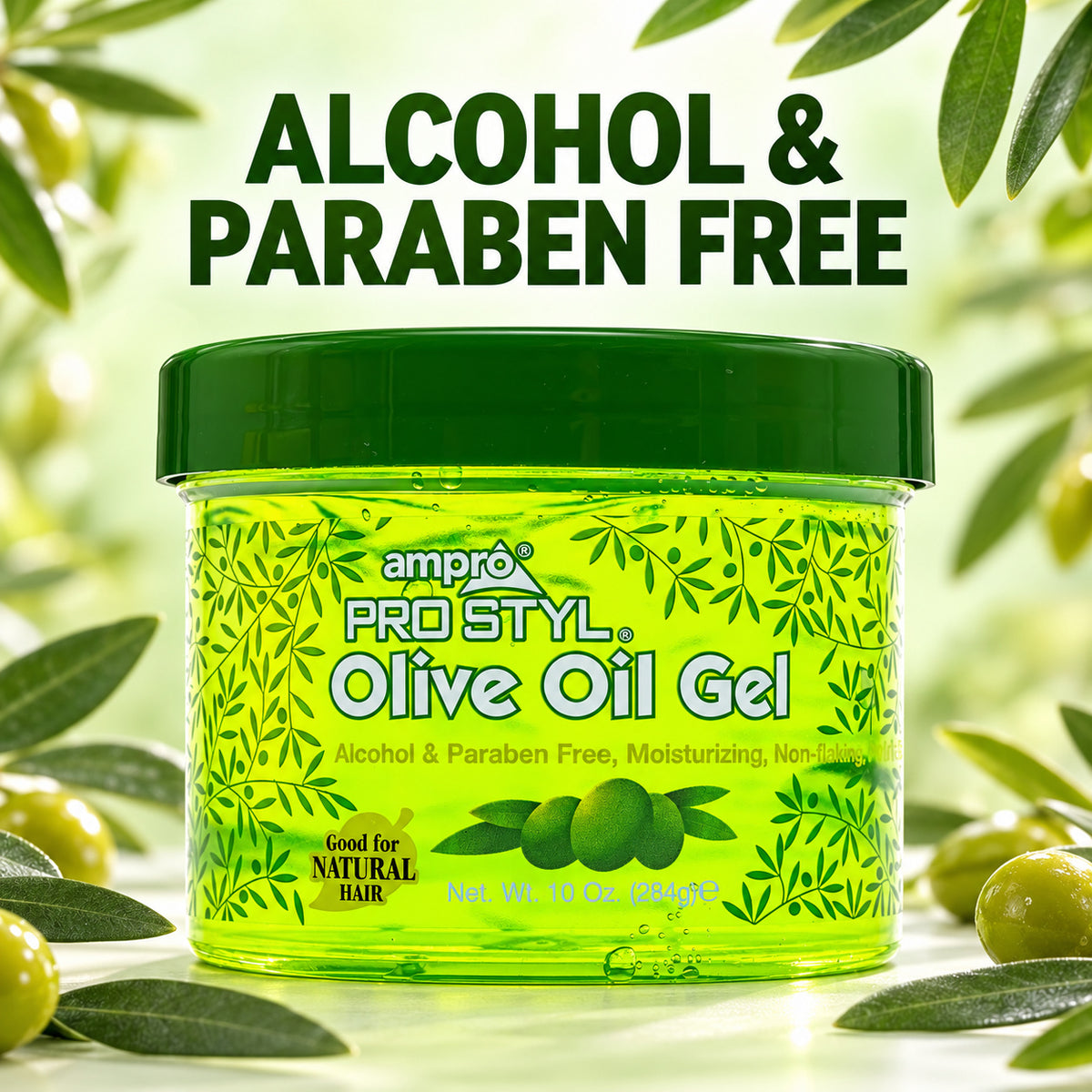 A jar of ampó Pro Styl Olive Oil Gel centered against a bright green background with olive leaves and olives around it. Large text at the top reads 'ALCOHOL & PARABEN FREE'.