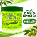 A jar of ampro Pro Styl Olive Oil Gel for hair care, shown on a white background with green olive branches and text highlighting 'Non-Flaking'.