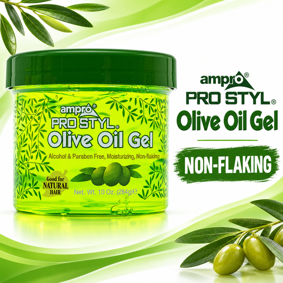 A jar of ampro Pro Styl Olive Oil Gel for hair care, shown on a white background with green olive branches and text highlighting 'Non-Flaking'.