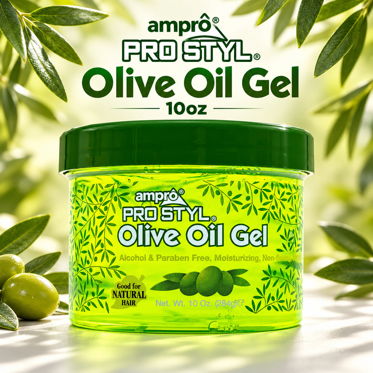 A 10 oz jar of ampro PRO STYL Olive Oil Gel, shown in a bright green translucent container with a dark green lid, set against a background of olive leaves and olives with the product name printed above.