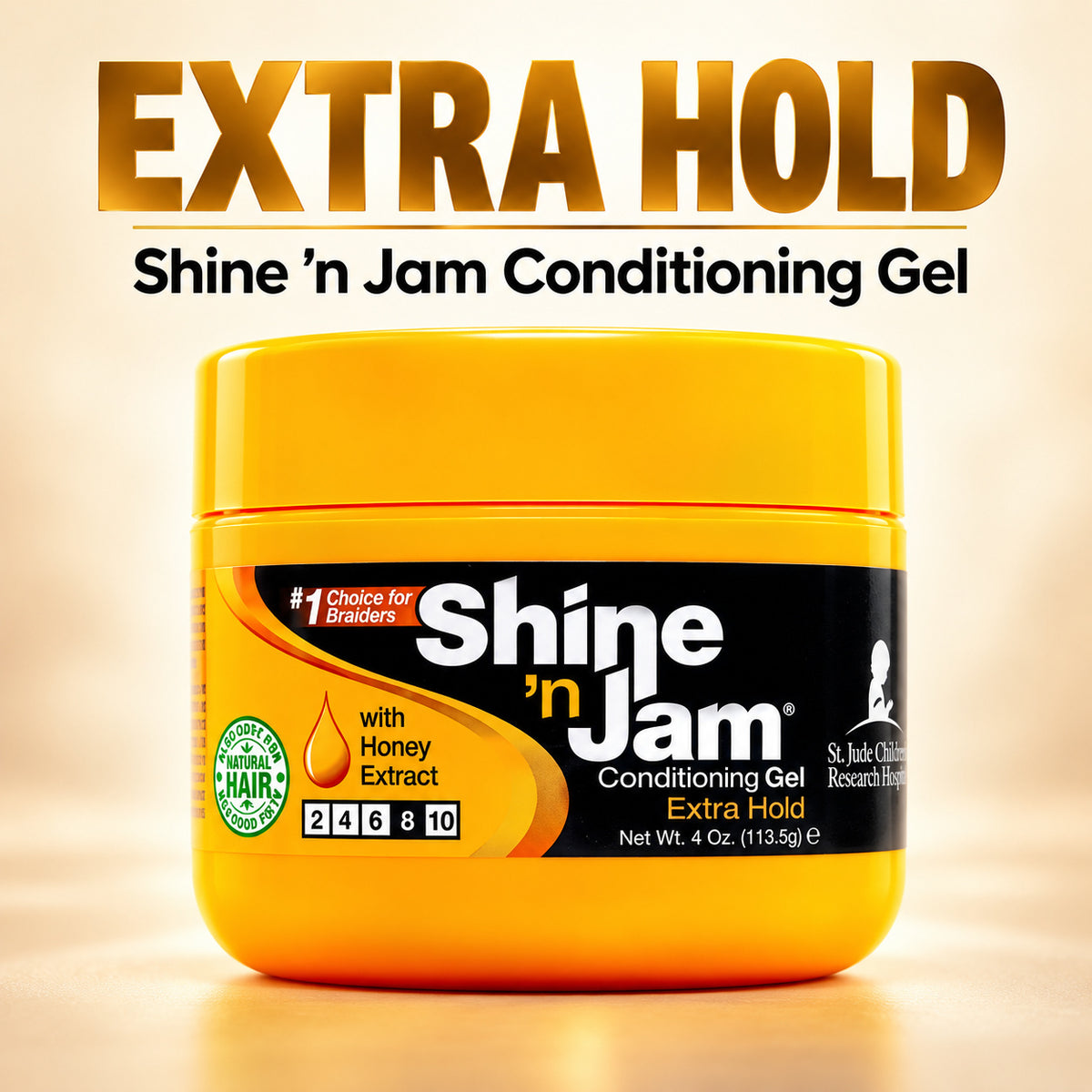 A jar of Shine 'n Jam Conditioning Gel Extra Hold, featuring a bright yellow-orange container with a black label, set against a warm beige background with large promotional text reading 'EXTRA HOLD' at the top.