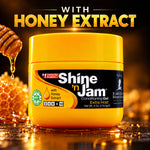 A jar of Shine 'n Jam Conditioning Gel Extra Hold with a prominent honey-themed background, including a dripping honey dipper, honeycomb, and large text reading 'WITH HONEY EXTRACT' at the top.