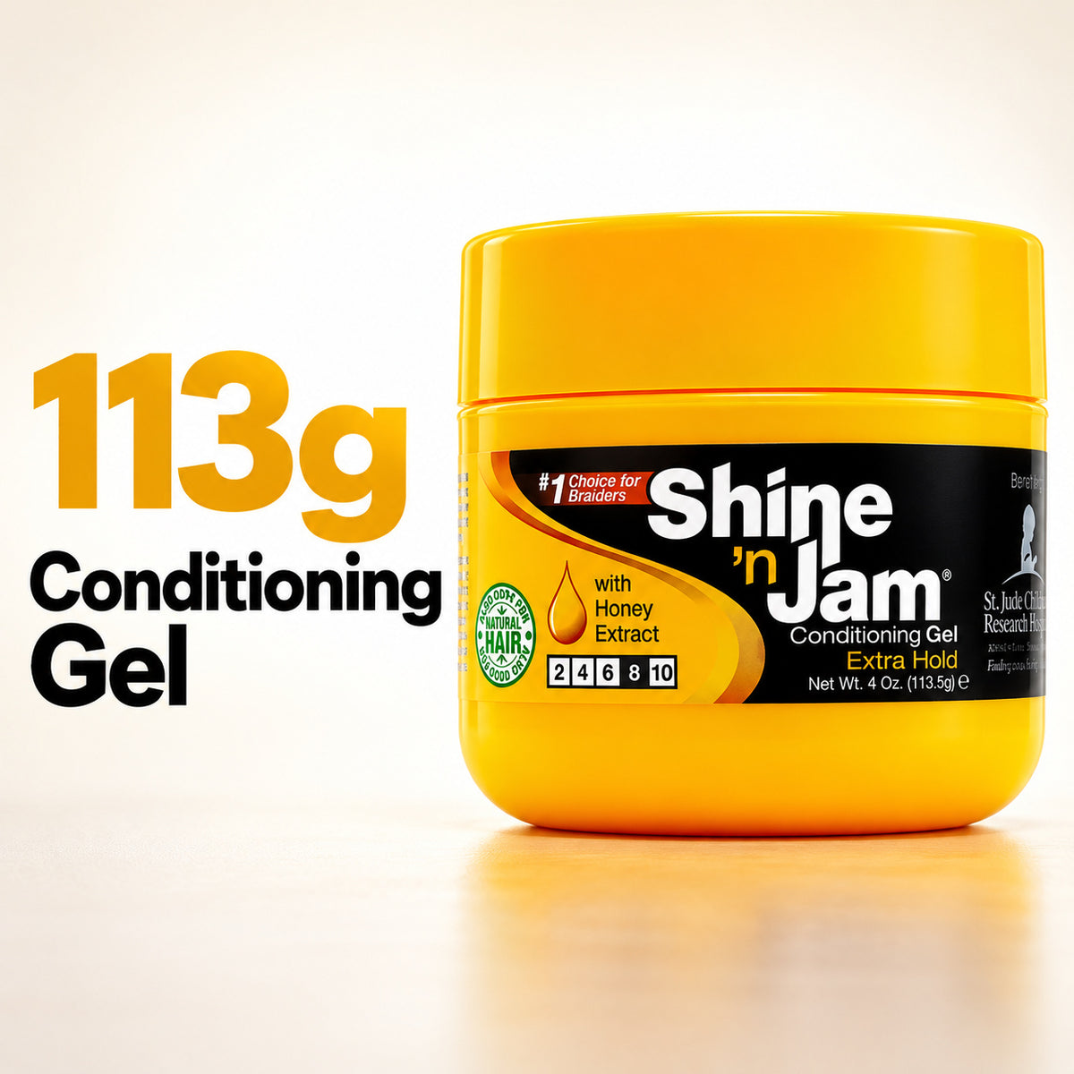 A yellow jar of St. Judah 'Shine 'n Jam' Conditioning Gel with a black label, shown next to text reading '113g Conditioning Gel' on a light beige background.