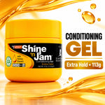 A jar of Shine 'n Jam Conditioning Gel Extra Hold, 113g, shown on a glossy white background with golden liquid splash graphics and text overlays.