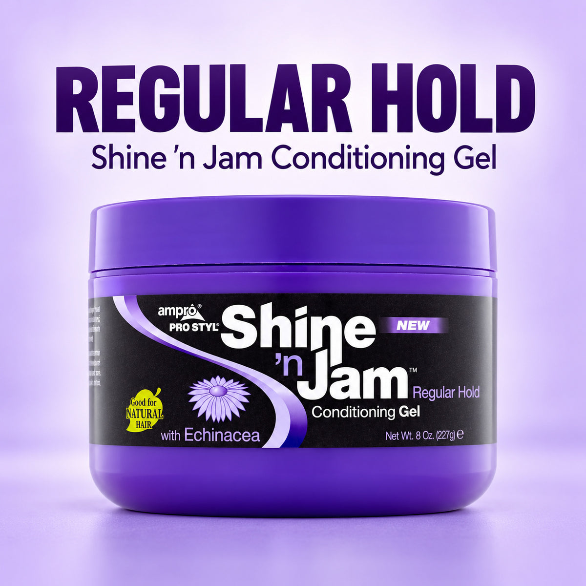 A jar of ampóx Pro Styl Shine 'n Jam Regular Hold Conditioning Gel on a light purple background with 'REGULAR HOLD' text above it.