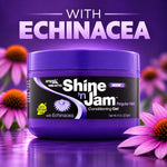 A purple jar of amp’pro Shine 'n Jam Regular Hold Conditioning Gel with Echinacea, set against a purple background with blurred pink and orange flowers and the text 'WITH ECHINACEA' at the top.