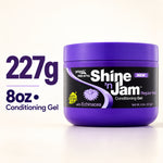 A purple jar of AmpX ProStyle Shine 'n Jam Regular Hold Conditioning Gel with an 8oz size text overlay on the left, set against a clean white background.