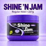 A jar of ampórx Pro Style Shine 'n Jam Regular Hold Conditioning Gel, 227g, shown against a light purple background with the brand name 'SHINE 'N JAM' displayed at the top.