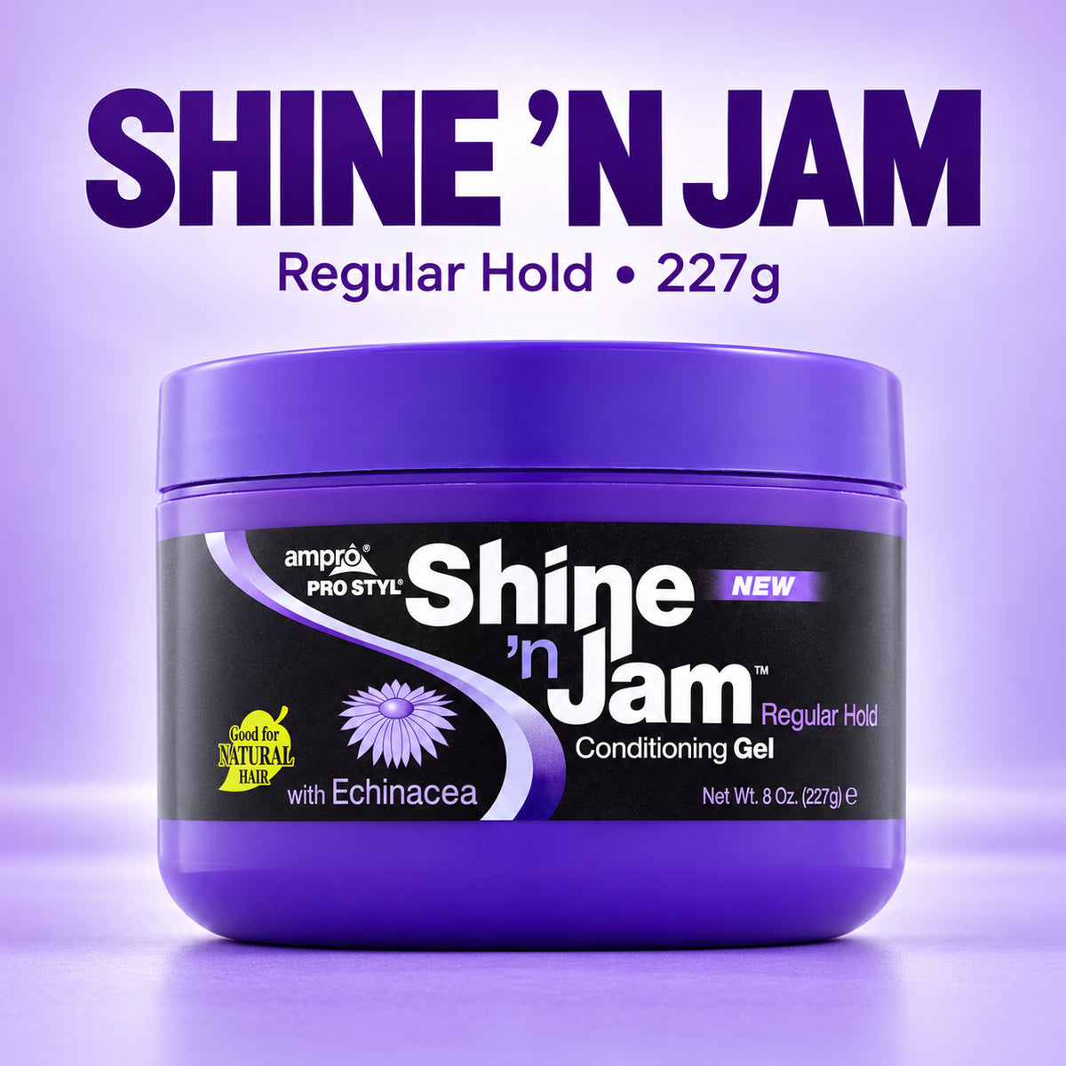 A jar of ampórx Pro Style Shine 'n Jam Regular Hold Conditioning Gel, 227g, shown against a light purple background with the brand name 'SHINE 'N JAM' displayed at the top.