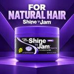 A purple jar of ampó Hair Shine 'n Jam Conditioning Gel centered on a purple geometric background with the text 'FOR NATURAL HAIR Shine 'n Jam' above it.